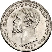 Italy 20 Lire (Victor Emmanuel II. Sardinia) VICTORIVS EMMANVEL II D G REX SARD CYP ET HIER P 1858 coin obverse Italy 20 Lire (Victor Emmanuel II. Sardinia) VICTORIVS EMMANVEL II D G REX SARD CYP ET HIER P 1858 coin obverse