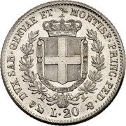 Italy 20 Lire (Victor Emmanuel II. Sardinia) DVX SAB GENVAE ET MONTISF PRINC PED & P L.20 coin reverse Italy 20 Lire (Victor Emmanuel II. Sardinia) DVX SAB GENVAE ET MONTISF PRINC PED & P L.20 coin reverse