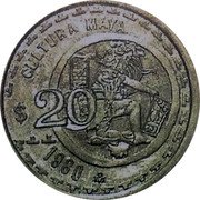 Mexico 20 Pesos (Pattern. Jugador de Pelota. Uniface) CULTURA MAYA 20 PESOS 1980 MO coin reverse Mexico 20 Pesos (Pattern. Jugador de Pelota. Uniface) CULTURA MAYA 20 PESOS 1980 MO coin reverse