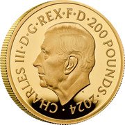 UK 200 Pounds (Six Decades of 007) CHARLES III D G REX F D 200 POUNDS 2024 MJ coin obverse