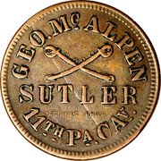 USA 25 Cents (Civil War Sutler. Geo. McAlpen 11th PA Cav) GEO. MCALPEN SUTLER 11TH PA. CAV coin obverse USA 25 Cents (Civil War Sutler. Geo. McAlpen 11th PA Cav) GEO. MCALPEN SUTLER 11TH PA. CAV coin obverse