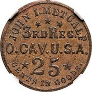 USA 25 Cents (Civil War Sutler Token. John I. Metcalf 3rd Regiment Ohio Cavalry) JOHN I. METCALT 3RD REG O.CAV.U.S.A 25 CENTS IN GOODS coin obverse USA 25 Cents (Civil War Sutler Token. John I. Metcalf 3rd Regiment Ohio Cavalry) JOHN I. METCALT 3RD REG O.CAV.U.S.A 25 CENTS IN GOODS coin obverse