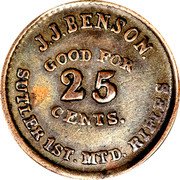 USA 25 Cents (Civil War Token. JJ Benson 1st MTD Rifle Company of New York) JJ. BENSON GOOD FOR 25 CENTS. SUTLER 1ST. MTD. RIFLES coin obverse USA 25 Cents (Civil War Token. JJ Benson 1st MTD Rifle Company of New York) JJ. BENSON GOOD FOR 25 CENTS. SUTLER 1ST. MTD. RIFLES coin obverse
