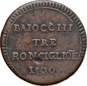 Italy 3 Baiocchi (Uprising of Ronciglione) BAIOCCHI TRE RONCIGLIOE 1799 coin reverse Italy 3 Baiocchi (Uprising of Ronciglione) BAIOCCHI TRE RONCIGLIOE 1799 coin reverse