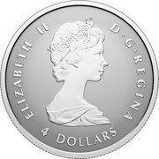 Canada 4 Dollars (60th Anniversary of Canada’s Flag Maple Leaf) ELIZABETH II D G REGINA 4 DOLLARS coin obverse Canada 4 Dollars (60th Anniversary of Canada’s Flag Maple Leaf) ELIZABETH II D G REGINA 4 DOLLARS coin obverse