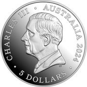 Australia 5 Dollars Dolphin Hourglass. High Relief 2024 Proof CHARLES III AUSTRALIA 2024 5 DOLLARS DT coin obverse Australia 5 Dollars Dolphin Hourglass. High Relief 2024 Proof CHARLES III AUSTRALIA 2024 5 DOLLARS DT coin obverse