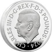 UK 5 Pounds Six Decades of 007 2024 Proof CHARLES III D G REX F D 5 POUNDS 2024 MJ coin obverse UK 5 Pounds Six Decades of 007 2024 Proof CHARLES III D G REX F D 5 POUNDS 2024 MJ coin obverse