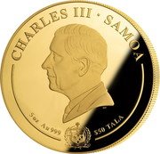 Samoa 50 Dollars 25th Anniversary of the Discovery of Nebra Sky Disk 2024 Proof DT CHARLES III SAMOA FA'AVAE I LE ATUA SAMOA 5 OZ AU 999 $50 TALA coin obverse Samoa 50 Dollars 25th Anniversary of the Discovery of Nebra Sky Disk 2024 Proof DT CHARLES III SAMOA FA'AVAE I LE ATUA SAMOA 5 OZ AU 999 $50 TALA coin obverse