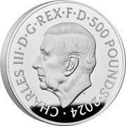 UK 500 Pounds (Snowman and Christmas Tree. Gemstones) CHARLES III D G REX F D 500 POUNDS 2024 MJ coin obverse UK 500 Pounds (Snowman and Christmas Tree. Gemstones) CHARLES III D G REX F D 500 POUNDS 2024 MJ coin obverse