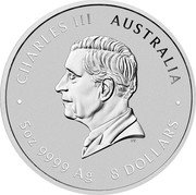 Australia 8 Dollars (Lunar Series. Year of the Snake) CHARLES III AUSTRALIA 5 OZ 9999 AG 8 DOLLARS DT coin obverse Australia 8 Dollars (Lunar Series. Year of the Snake) CHARLES III AUSTRALIA 5 OZ 9999 AG 8 DOLLARS DT coin obverse