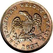 USA Half Cent (Hard Times Token) U.S. STANDARD WEIGHT & VALUE 1837 coin obverse USA Half Cent (Hard Times Token) U.S. STANDARD WEIGHT & VALUE 1837 coin obverse