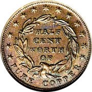 USA Half Cent (Hard Times Token) HALF CENT WORTH OF PURE COPPER coin reverse USA Half Cent (Hard Times Token) HALF CENT WORTH OF PURE COPPER coin reverse