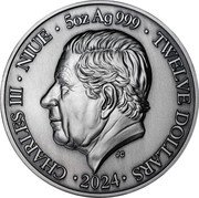 Niue Twelve Dollars (Zodiac. Capricorn) CHARLES III NIUE 5OZ AG 999 TWELVE DOLLARS JC 2024 coin obverse Niue Twelve Dollars (Zodiac. Capricorn) CHARLES III NIUE 5OZ AG 999 TWELVE DOLLARS JC 2024 coin obverse