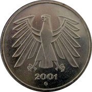 Germany 5 Mark 2001 G Sets only KM# 140.1 Federal Republic / Standard Coinage coin reverse