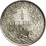Germany 1/2 Gulden 1848 KM# 573 Württemberg / Kingdom / Regular Coinage coin reverse