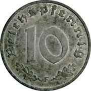 Germany 10 Reichspfennig 1945 F KM# A104 Post WWII Coinage coin reverse Germany 10 Reichspfennig 1945 F KM# A104 Post WWII Coinage coin reverse