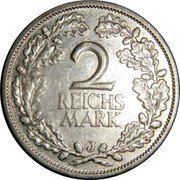 Germany 2 Reichsmark 1925 J KM# 45 Reichsmark Coinage coin reverse Germany 2 Reichsmark 1925 J KM# 45 Reichsmark Coinage coin reverse