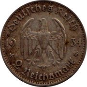 Germany 2 Reichsmark 1934 G KM# 81 Third Reich / Standard Coinage coin obverse Germany 2 Reichsmark 1934 G KM# 81 Third Reich / Standard Coinage coin obverse