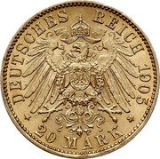 Germany 20 Mark 1905 E KM# 1265 Saxony-Albertine / Kingdom / Reform Coinage coin reverse