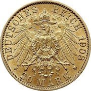 Germany 20 Mark 1908 A KM# 374 Grossherzogtum within the German Empire coin reverse