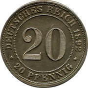 Germany 20 Pfennig 1892 E KM# 13 Standard Coinage coin obverse