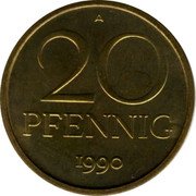 Germany 20 Pfennig 1990 A Issued Sets only, remainder unaccountable KM# 11 Democratic Republic / Standard Coinage coin reverse