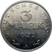 Germany 3 Mark 1922 A Proof KM# 28 Mark Coinage coin obverse Germany 3 Mark 1922 A Proof KM# 28 Mark Coinage coin obverse