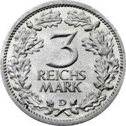 Germany 3 Reichsmark 1932 D KM# 74 Reichsmark Coinage coin reverse Germany 3 Reichsmark 1932 D KM# 74 Reichsmark Coinage coin reverse