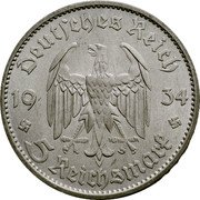 Germany 5 Reichsmark 1934 D KM# 83 Third Reich / Standard Coinage coin obverse Germany 5 Reichsmark 1934 D KM# 83 Third Reich / Standard Coinage coin obverse