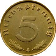Germany 5 Reichspfennig 1939 A KM# 91 Third Reich / Standard Coinage coin reverse Germany 5 Reichspfennig 1939 A KM# 91 Third Reich / Standard Coinage coin reverse