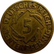 Germany 5 Rentenpfennig 1923 F KM# 32 Rentenmark Coinage coin obverse Germany 5 Rentenpfennig 1923 F KM# 32 Rentenmark Coinage coin obverse