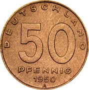 Germany 50 Pfennig 1950 A Some authorities believe the 1949-dated piece is a pattern KM# 4 Democratic Republic / Standard Coinage coin obverse Germany 50 Pfennig 1950 A Some authorities believe the 1949-dated piece is a pattern KM# 4 Democratic Republic / Standard Coinage coin obverse