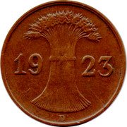 Germany Rentenpfennig 1923 D KM# 30 Rentenmark Coinage coin reverse Germany Rentenpfennig 1923 D KM# 30 Rentenmark Coinage coin reverse