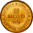 Finland 20 Markkaa Narrow eagle 1878 S Some specimens may appear as prooflike; Proofs were never made officially by the mint KM# 9.1 5,806.. GRM. KULTAA. 0,645.. GRM. KUPARIA 20 MARKKAA DATE coin reverse