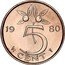 Netherlands 5 Cent Juliana 1980 cock and star privy mark KM# 181 19 80 5 CENT coin reverse