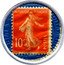 France 10 Centimes Type 5. Red Stamp with Blue Marked Text Background 1920 REPUBLIQUE FRANCAISE 10C POSTES coin obverse