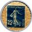 France 25 Centimes Type 7. Blue Stamp with White Background 1920 REPUBLIQUE FRANCAISE 25C POSTES coin obverse