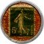 France 5 Centimes Type 2. Green Stamp with Orange Marked Text Background 1920 REPUBLIQUE FRANCAISE 5C POSTES coin obverse