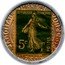 France 5 Centimes Type 2a. Green Stamp with Pink Marked Text Background 1920 REPUBLIQUE FRANCAISE 5C POSTES coin obverse