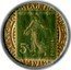France 5 Centimes Type 5. Green Stamp with Golden Marked Text Background 1920 REPUBLIQUE FRANCAISE 5C POSTES coin obverse