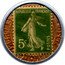 France 5 Centimes Type 7. Green Stamp with Golden Text Background 1920 REPUBLIQUE FRANCAISE 5C POSTES coin obverse